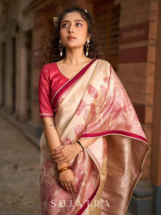 Classic Beige Art Silk Saree with Traditional Madhubani Print