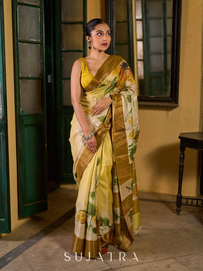 Beige Tussar Silk Saree with Floral Motifs and Zari Accents