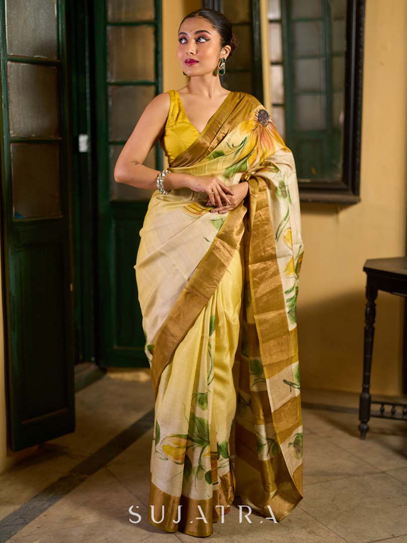 Beige Tussar Silk Saree with Floral Motifs and Zari Accents