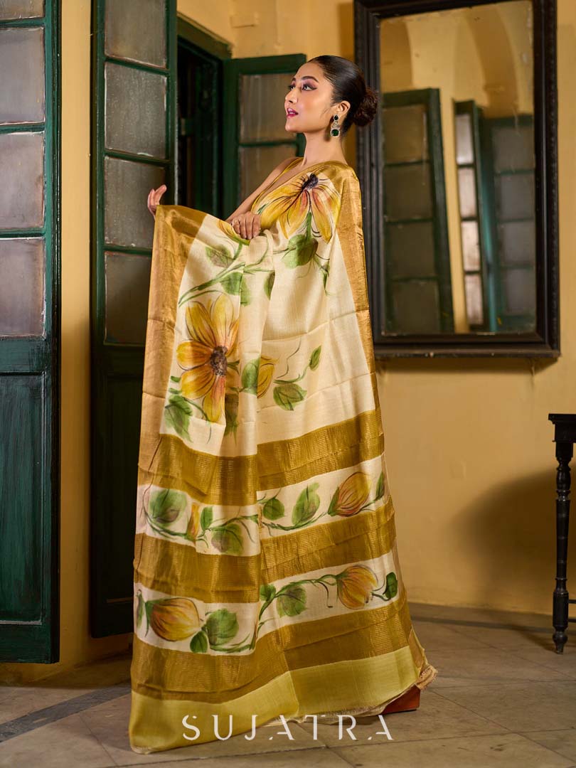 Beige Tussar Silk Saree with Floral Motifs and Zari Accents