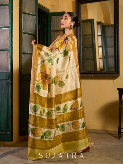 Beige Tussar Silk Saree with Floral Motifs and Zari Accents