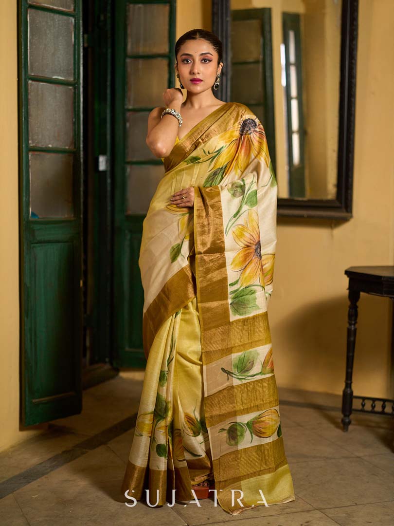Beige Tussar Silk Saree with Floral Motifs and Zari Accents