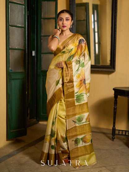 Beige Tussar Silk Saree with Floral Motifs and Zari Accents