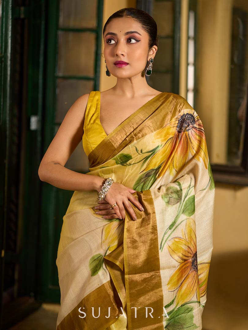 Beige Tussar Silk Saree with Floral Motifs and Zari Accents