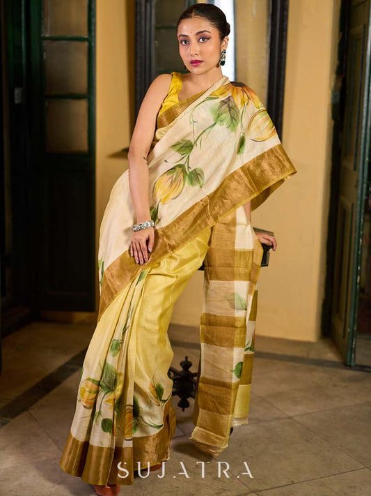 Beige Tussar Silk Saree with Floral Motifs and Zari Accents