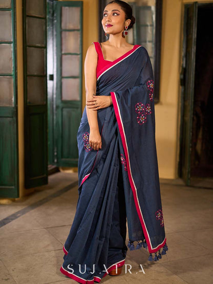 Deep Blue Cotton Saree with Delicate Floral Embroidery and Contrast Pink Accents