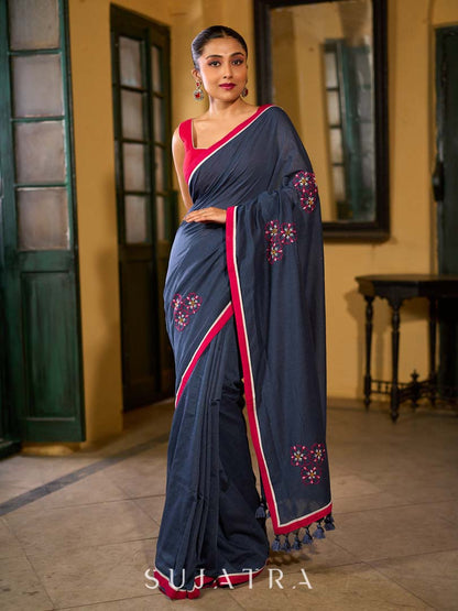 Deep Blue Cotton Saree with Delicate Floral Embroidery and Contrast Pink Accents