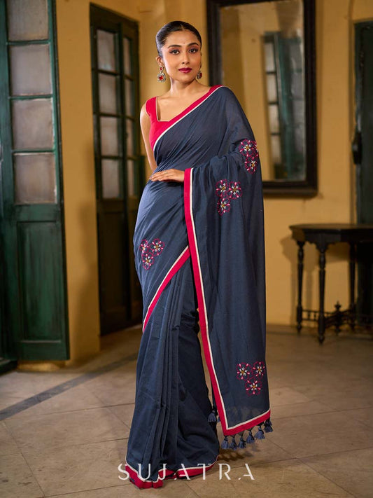 Deep Blue Cotton Saree with Delicate Floral Embroidery and Contrast Pink Accents