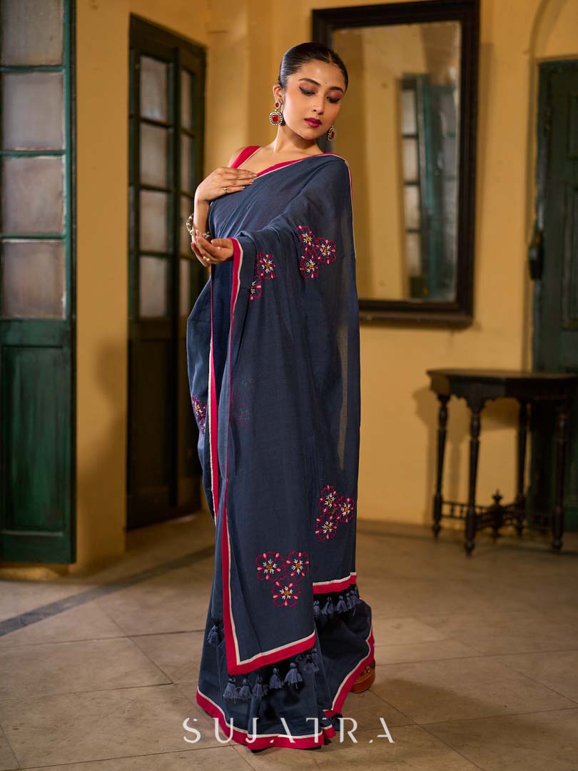 Deep Blue Cotton Saree with Delicate Floral Embroidery and Contrast Pink Accents