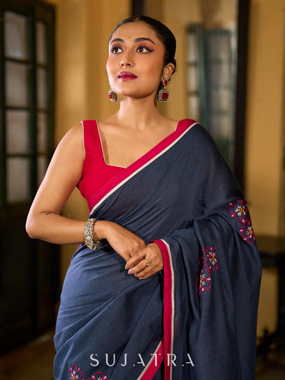 Deep Blue Cotton Saree with Delicate Floral Embroidery and Contrast Pink Accents