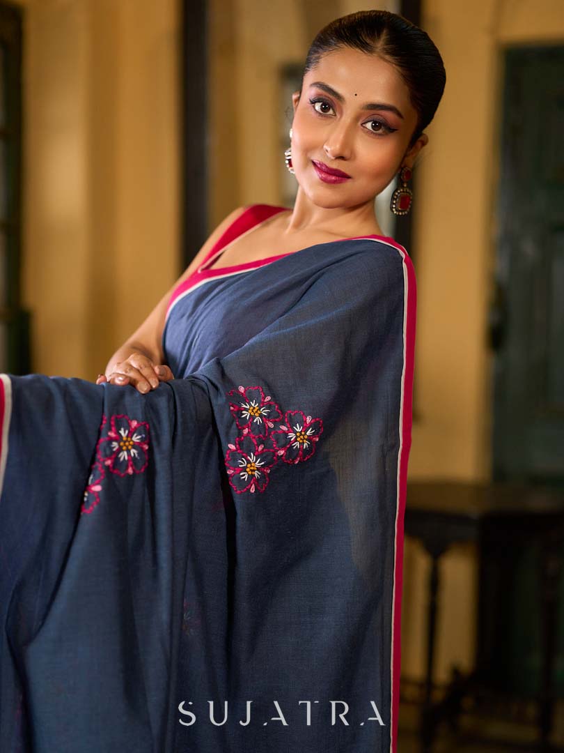 Deep Blue Cotton Saree with Delicate Floral Embroidery and Contrast Pink Accents
