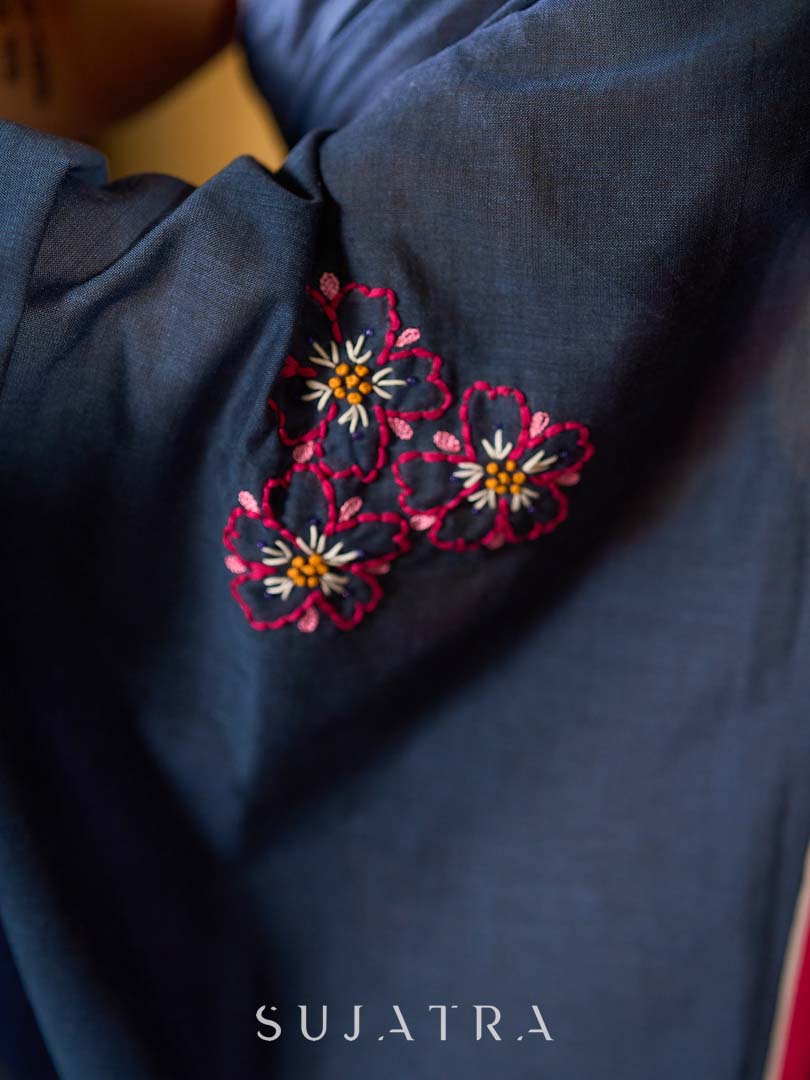 Deep Blue Cotton Saree with Delicate Floral Embroidery and Contrast Pink Accents