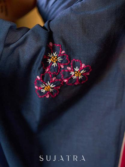 Deep Blue Cotton Saree with Delicate Floral Embroidery and Contrast Pink Accents