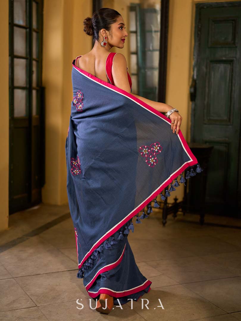 Deep Blue Cotton Saree with Delicate Floral Embroidery and Contrast Pink Accents