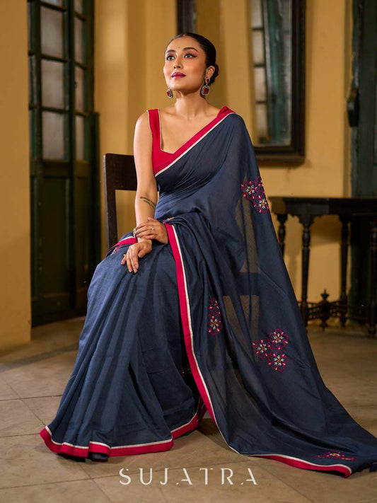 Deep Blue Cotton Saree with Delicate Floral Embroidery and Contrast Pink Accents