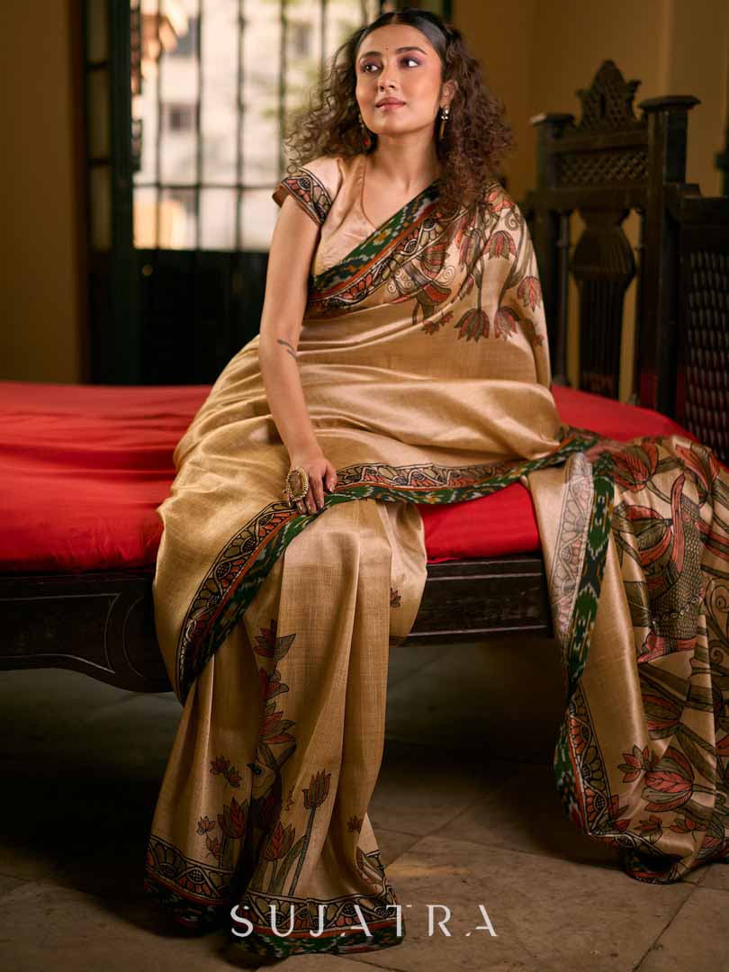 Golden Beige Art Silk Saree with Madhubani Inspired Border & Pallu