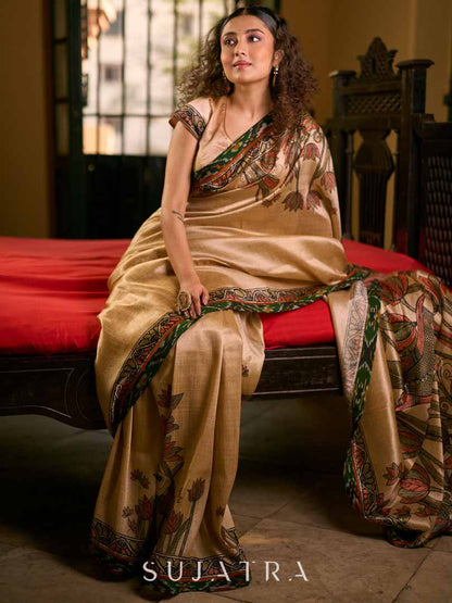 Golden Beige Art Silk Saree with Madhubani Inspired Border & Pallu
