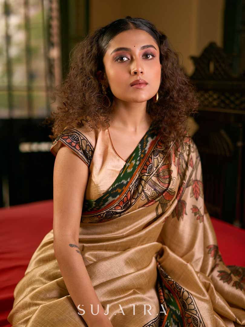 Golden Beige Art Silk Saree with Madhubani Inspired Border & Pallu