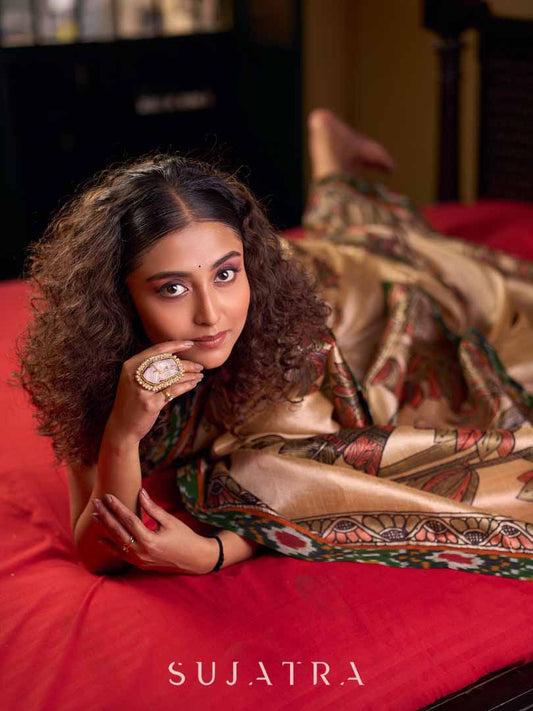 Golden Beige Art Silk Saree with Madhubani Inspired Border & Pallu