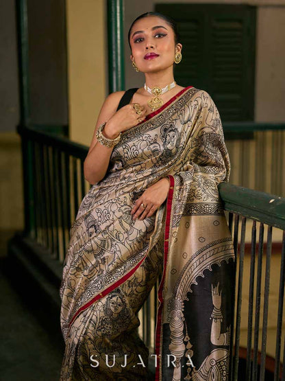 Chic Beige Art Silk Saree with Traditional Kalamkari Print & Contrast Border