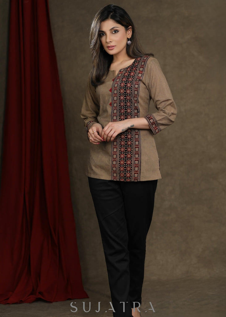 Beige Cotton Top with Ajrakh Combination