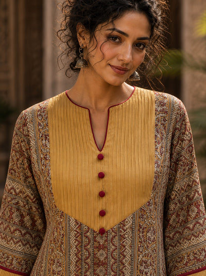 Mustard Geometric Print Short Kurta with Pin-Tucked Yoke & Contrast Maroon Button Detail