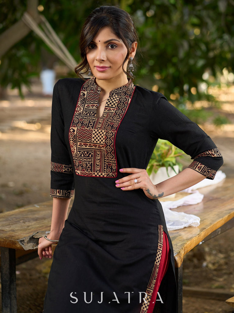 Solid Black Cotton Kurta with Ajrakh Yoke and Sleeves