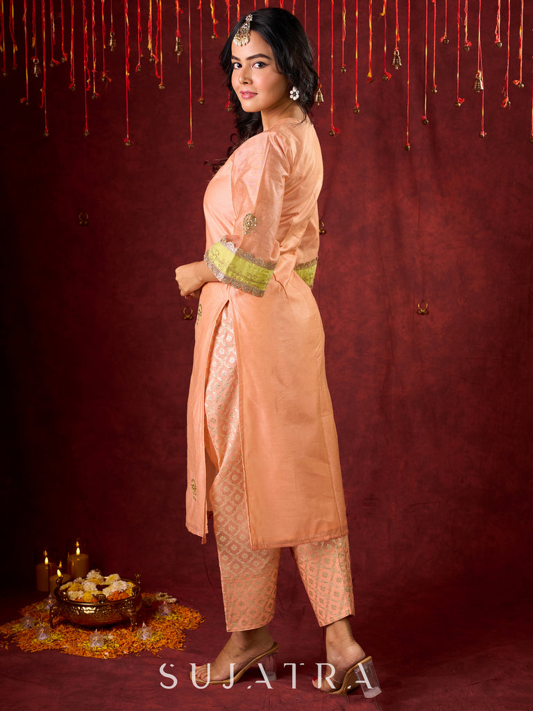 Graceful Peach-Green Combination Chanderi Kurta with Fine Embroidery