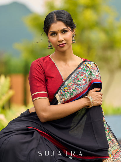 Striking Black Modal Saree with Hand-Painted Madhubani Pallu & Maroon-Blue Border