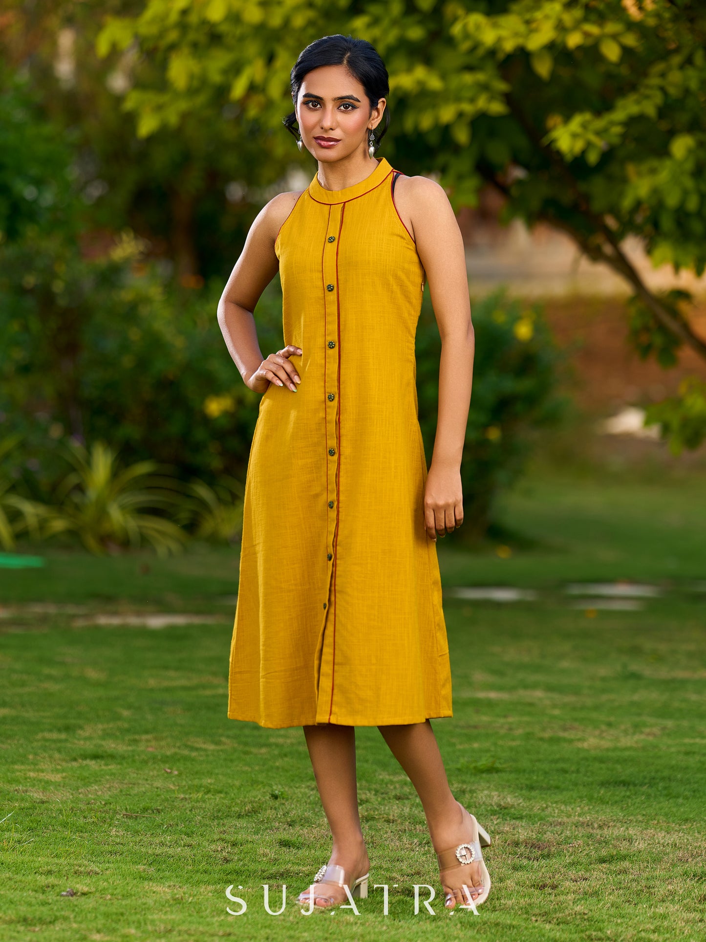 Stylish Mustard Cotton A-Line Halter Dress With Contrasting Maroon Details And Ajrakh Buttons