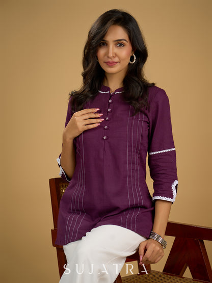 Elegant purple cotton top beautifully finished with delicate lace detailing