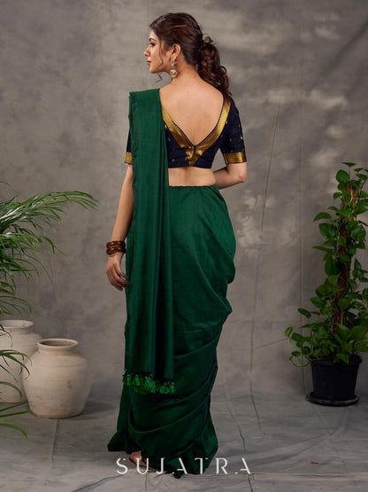 Contemporary Dark Bottle Green Cotton Saree