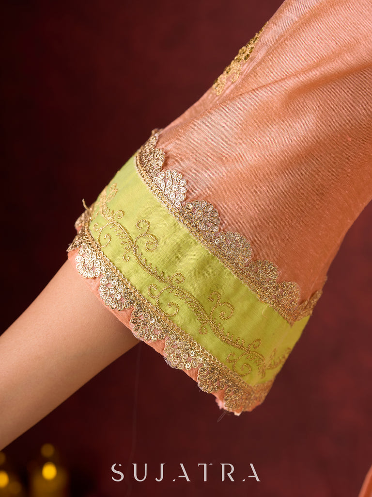 Graceful Peach-Green Combination Chanderi Kurta with Fine Embroidery