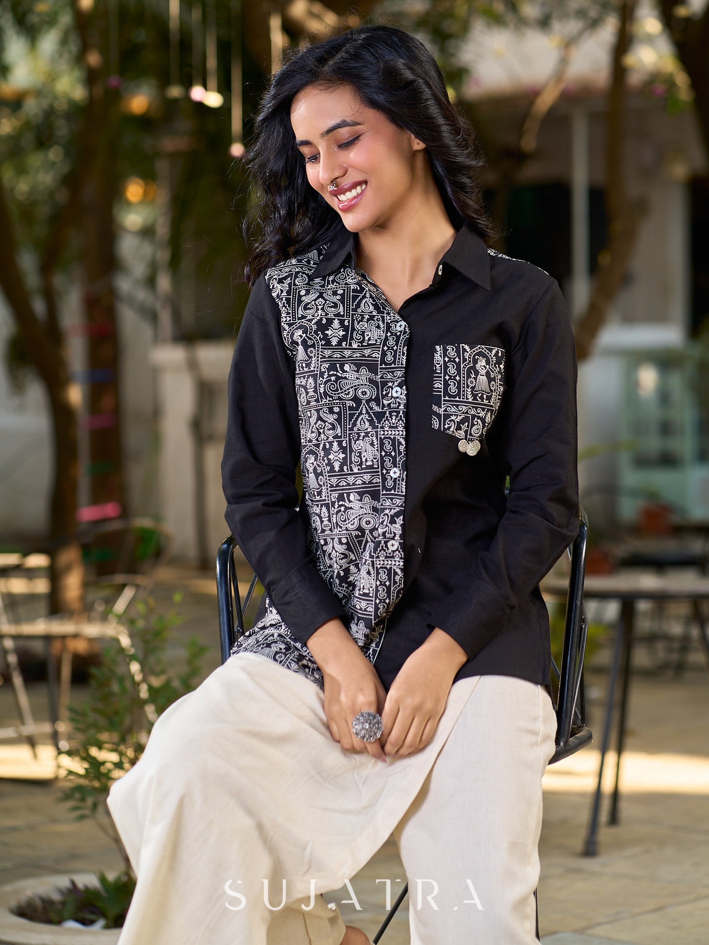 Black Cotton Shirt with Print Panel And Coin Embellishments