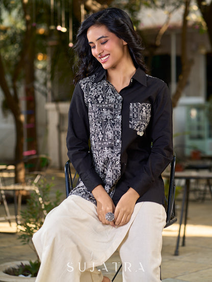 Black Cotton Shirt with Print Panel And Coin Embellishments