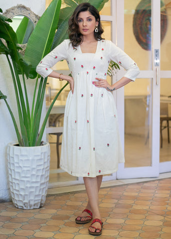 Beautiful White Cotton Dress with Floral Embroidery