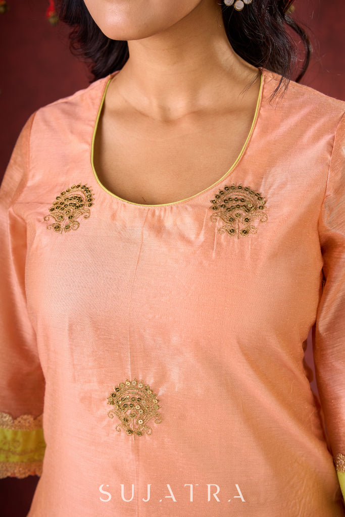 Graceful Peach-Green Combination Chanderi Kurta with Fine Embroidery