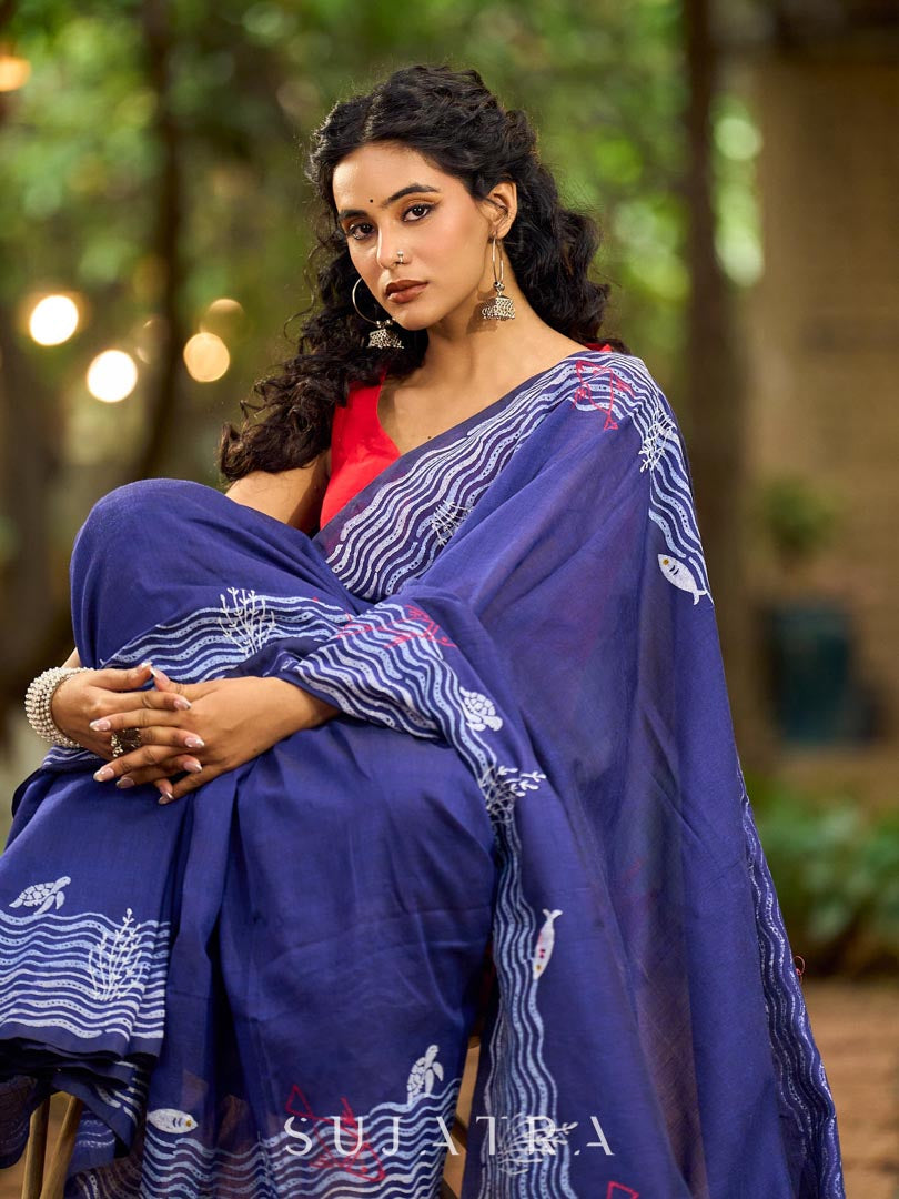 Vibrant Royal Blue Hand Block Printed Cotton Saree