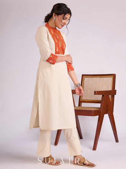 Elegant Off-White Cotton Flex Kurta with Graceful Orange Ikat Yoke, Collar & Cuffs