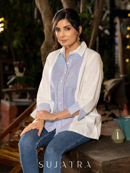 Wistful White Cotton Shirt with Blue Striped Yoke and Delicate Lace Embellishments