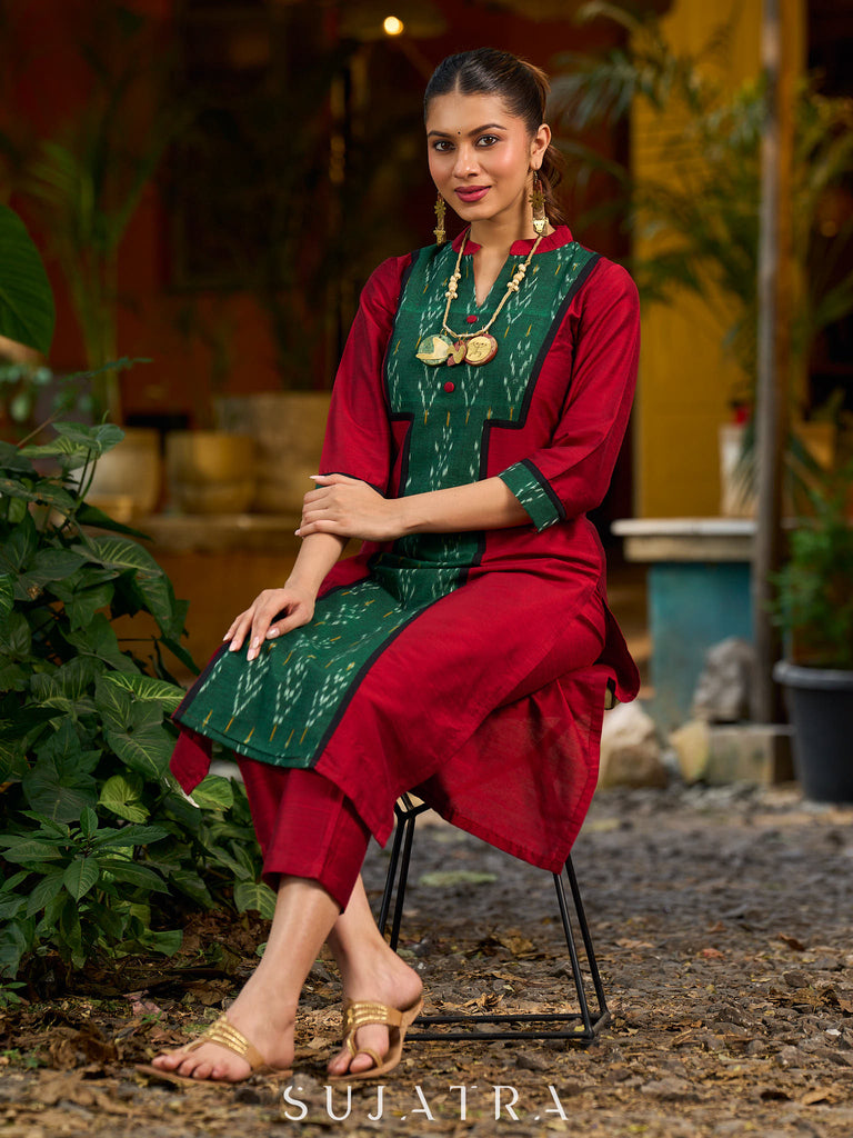 Elegant maroon cotton-silk kurta featuring a green Ikat patch and stand collar.