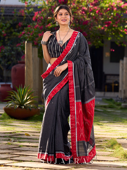Noir Cotton Checkered Saree with Contrasting Red Ikat Accents
