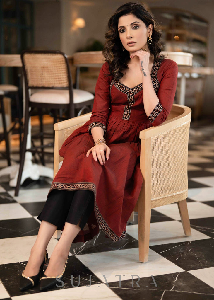 Stylish Maroon Handloom A Line Kurta With Ajrakh Border On Yoke With Slip  - Pant Optional