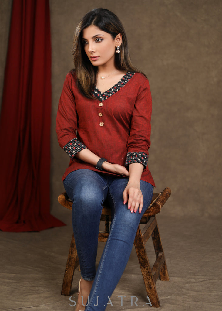 Classic Maroon Cotton Top Ajrakh Collar & Wooden Buttons