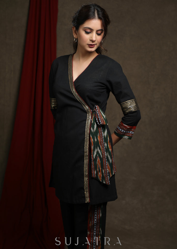 Black Overlap tunic with gold sequence work & ikat detailing - Pant optional