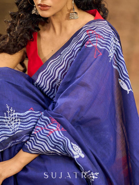 Vibrant Royal Blue Hand Block Printed Cotton Saree