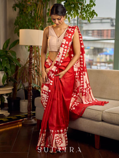 Elegant Red Pure Silk Saree with White Warli Art Print & Folk Motif Pallu