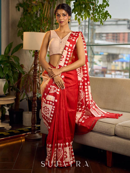 Elegant Red Pure Silk Saree with White Warli Art Print & Folk Motif Pallu