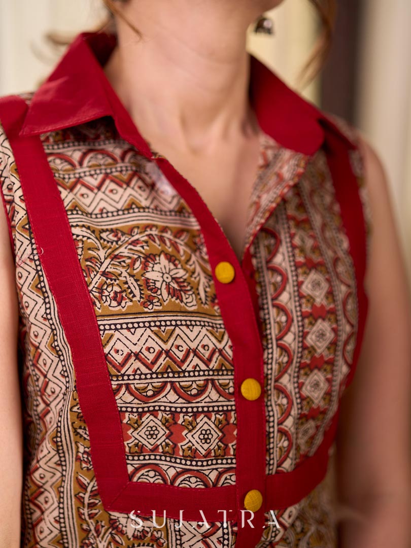 Dussehra Sale — Multicolour Ethnic Print Cotton Sleeveless Kurta with Bold Maroon Collar and Placket Detail