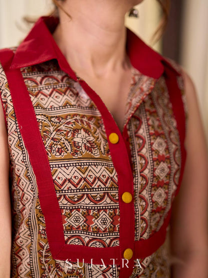 Dussehra Sale — Multicolour Ethnic Print Cotton Sleeveless Kurta with Bold Maroon Collar and Placket Detail